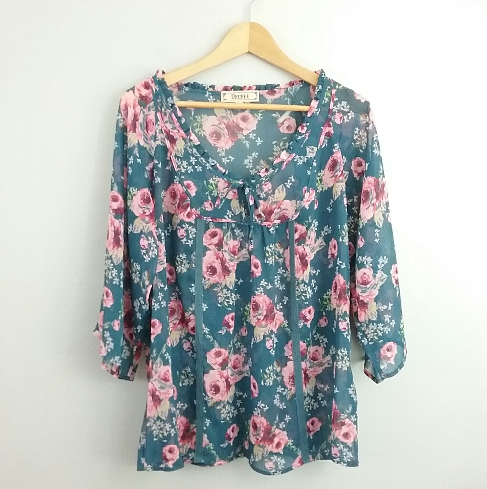 Decree Blue & Rose Sheer Bohemian Top